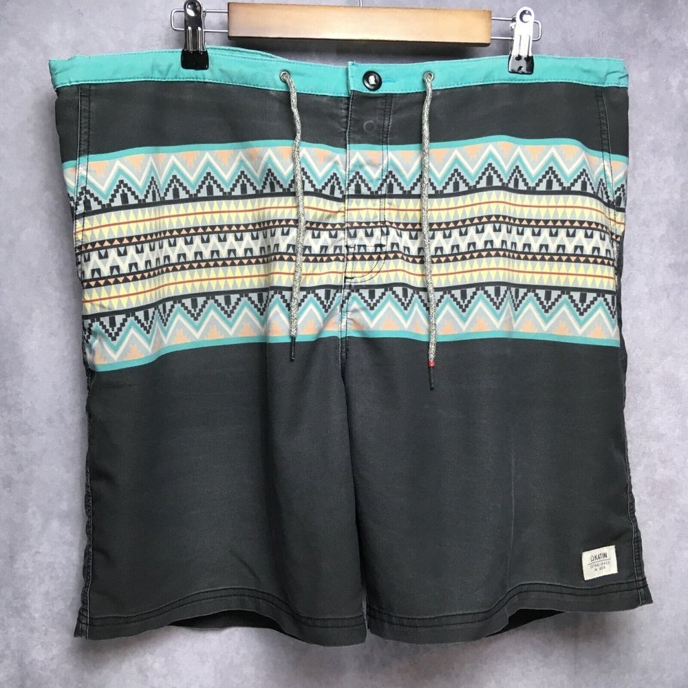 Katin Mens Swim Trunks Shorts 40 Black Blue Southwest Pattern Polyester Stretch